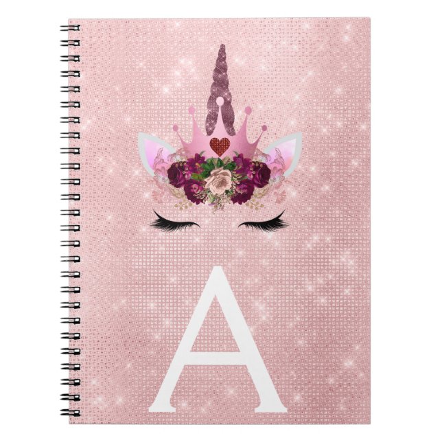 Rosa Unicorn Gnistra Princess Monogram Namn Anteckningsbok (Framsidan)