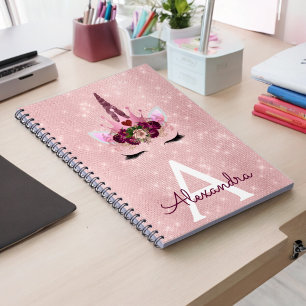 Rosa Unicorn Gnistra Princess Monogram Namn Anteckningsbok Med Spiral