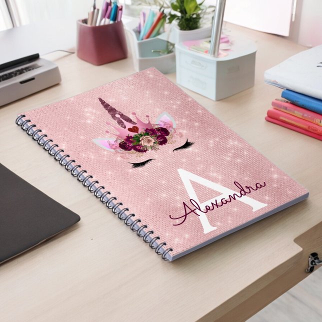 Rosa Unicorn Gnistra Princess Monogram Namn Anteckningsbok Med Spiral (Skapare uppladdad)
