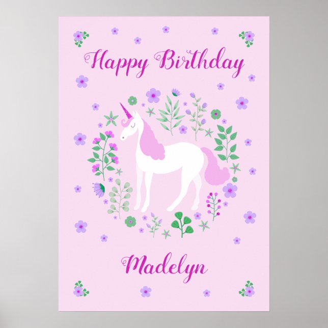 Rosa Unicorn Grattis på födelsedagen Poster (Framsidan)