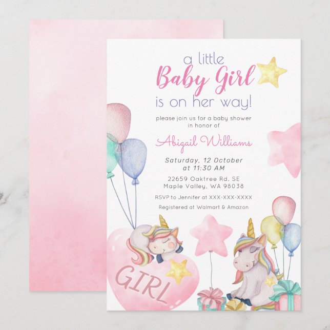 Rosa Unicorn, Guld Star, Balloon Girl Baby Shower Inbjudningar (Fram/baksida)
