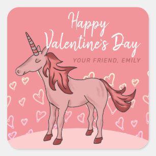 Rosa Unicorn Heart Kids Valentine Day Fyrkantigt Klistermärke