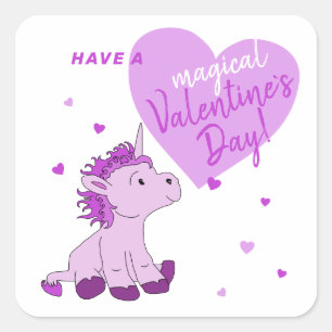 Rosa Unicorn Heart Kids Valentine Day Fyrkantigt Klistermärke