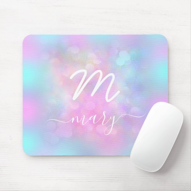 Rosa Unicorn Holograph Namn Modern Monogram White Musmatta (Med mus)