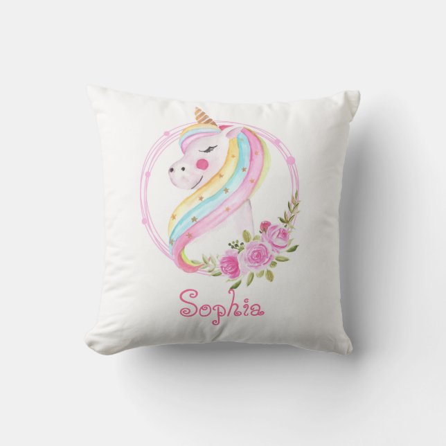 Rosa Unicorn Kids Namn Cute Nursery Kudde (Framsida)