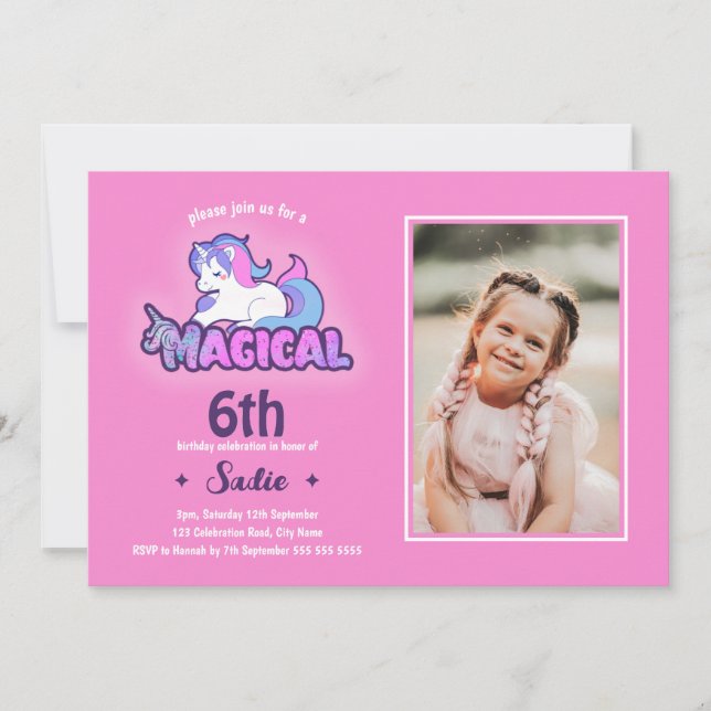 Rosa Unicorn Magic any Age 6e Birthday Photo Inbjudningar (Framsida)