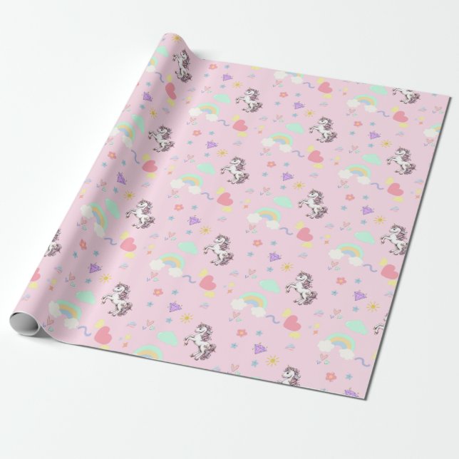 Rosa Unicorn Magic princess Girly-barn Presentpapper (Utrullad)