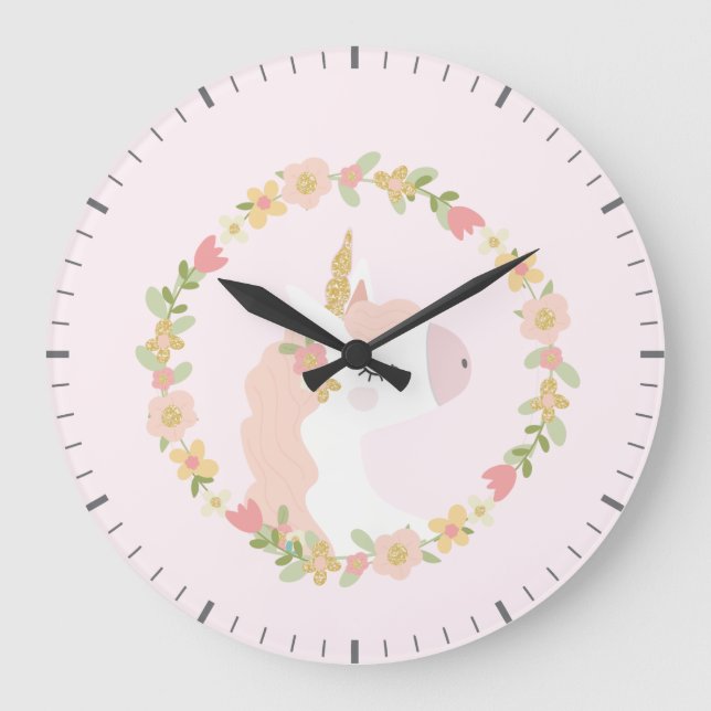 Rosa Unicorn med Flowers Wall Clock Stor Klocka (Framsida)