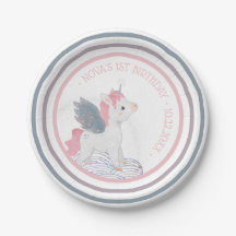 Rosa Unicorn med Vingar Birthday Papper Plate