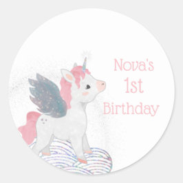 Rosa Unicorn med Vingar Unicorn Stickers Runt Klistermärke