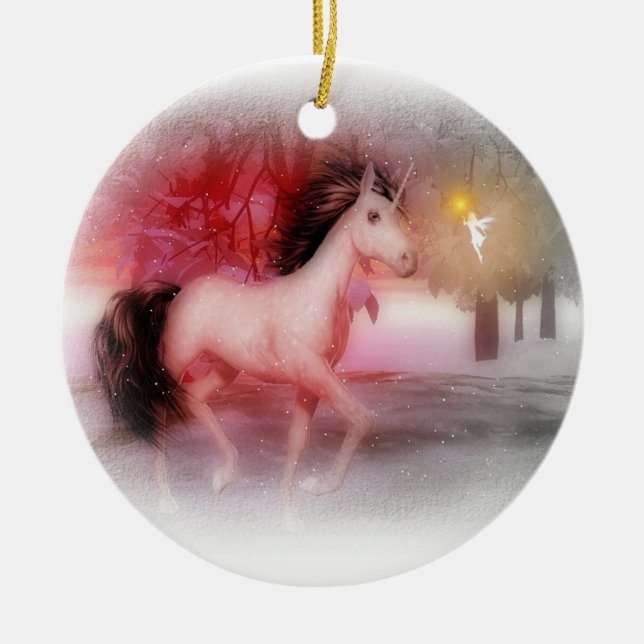 Rosa unicorn och felik vinternattprydnad julgransprydnad keramik (Framsidan)