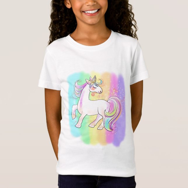 rosa unicorn på regnbåge t shirt (Framsida)