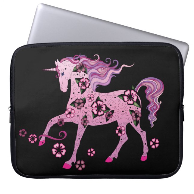 Rosa Unicorn på svart Laptop Fodral (Framsidan)