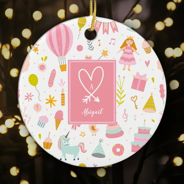 Rosa Unicorn Party Mönster Monogram Flickjul Julgransprydnad Keramik (Skapare uppladdad)