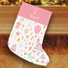 Rosa Unicorn Party Mönster Monogrammed Girl Kid Liten Julstrumpa