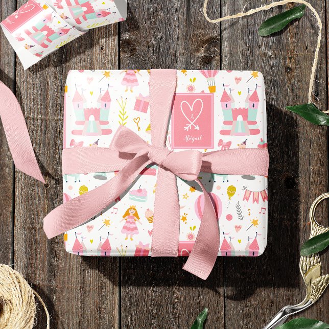 Rosa Unicorn Party Mönster Monogrammed Girl Kids Presentpapper (Skapare uppladdad)