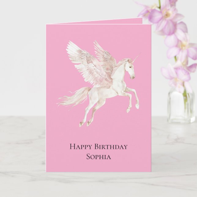 Rosa Unicorn Pegasus Birthday Kort (Orkide)