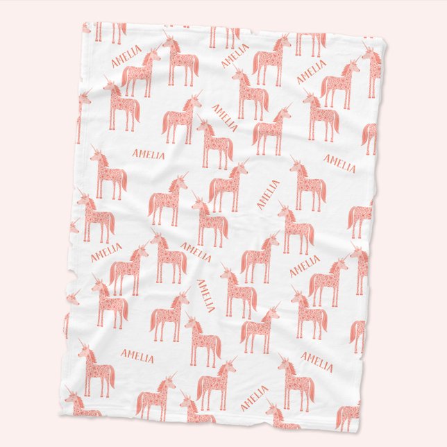 Rosa Unicorn Personlig Namn Fleecefilt (Personalized custom name pink unicorn pattern baby fleece blanket)