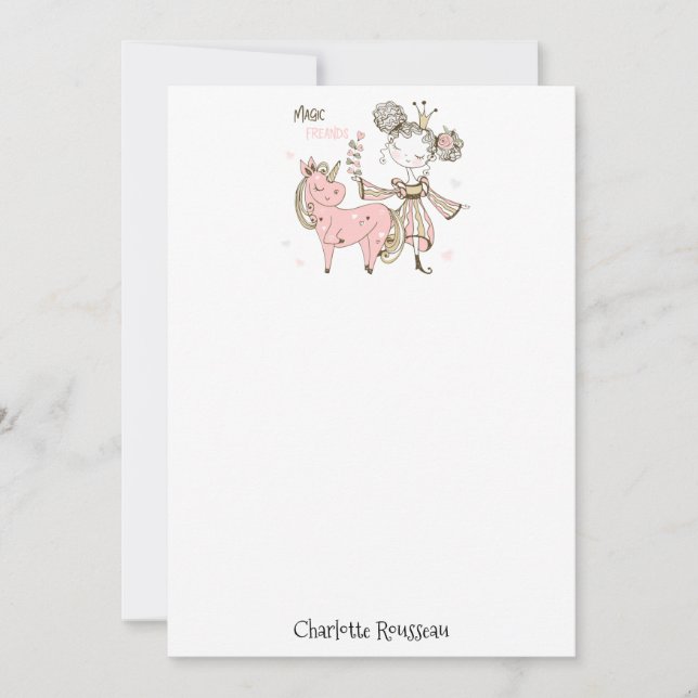 Rosa Unicorn Princess Barn Note Card Anteckningskort (Framsida)