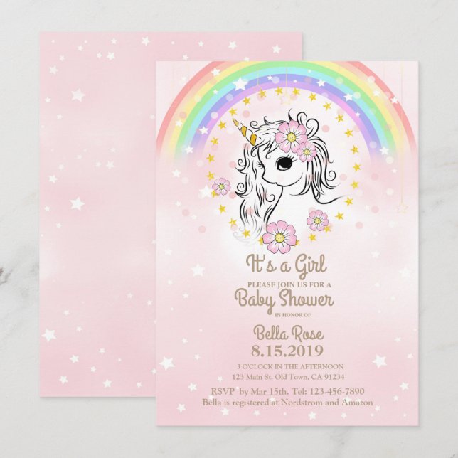 Rosa Unicorn RainBow Baby Shower Card Inbjudningar (Fram/baksida)