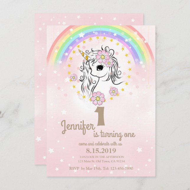 Rosa Unicorn RainBow Girl 1st Birday Cards Inbjudningar (Fram/baksida)