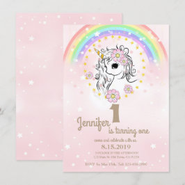 Rosa Unicorn RainBow Girl 1st Birday Cards Inbjudningar