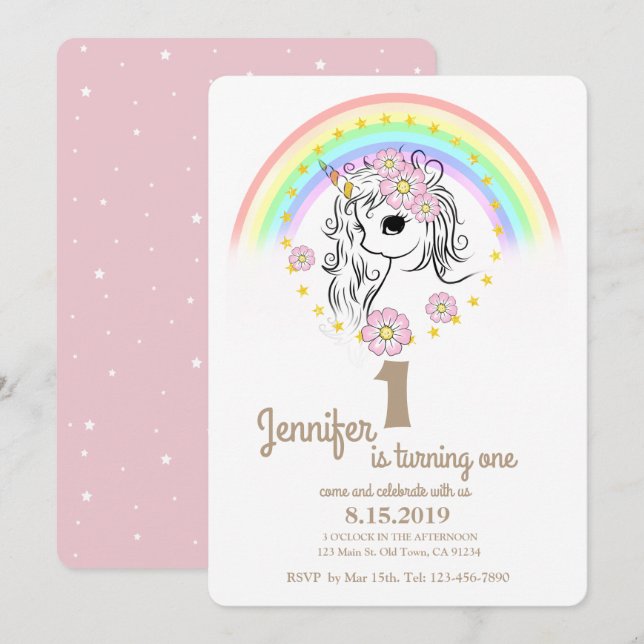 Rosa Unicorn RainBow Girl 1st Birday Cards Inbjudningar (Fram/baksida)