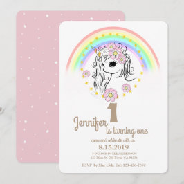 Rosa Unicorn RainBow Girl 1st Birday Cards Inbjudningar