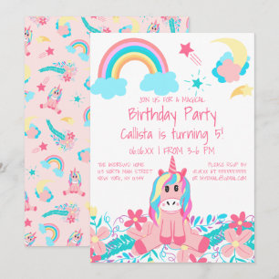 Rosa Unicorn Rainbow Måne Stars Flowers Birthday Inbjudningar