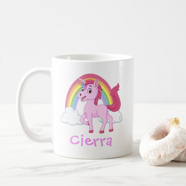 Rosa Unicorn Rainbow Personlig Namn Kaffemugg (Med munk)