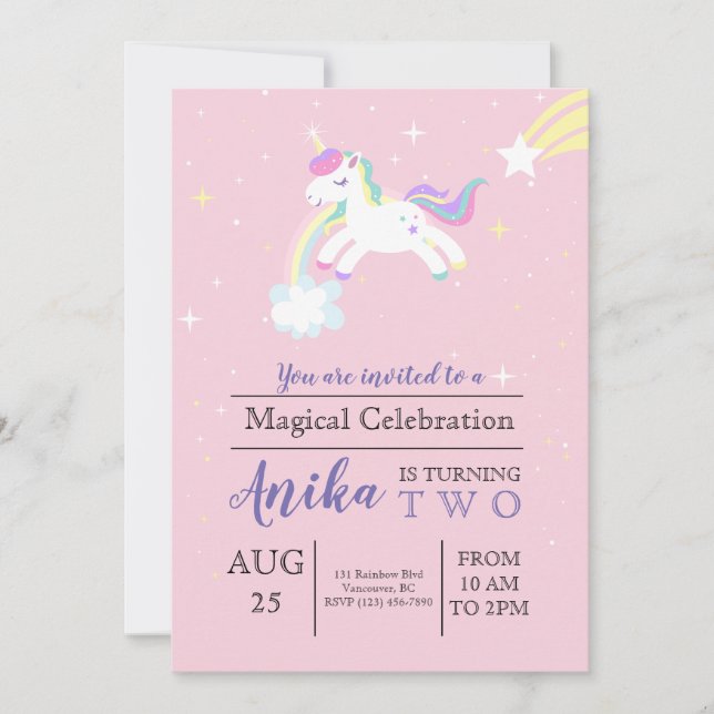 Rosa Unicorn Rainbow Stars Girls Birthday Inbjudningar (Framsida)