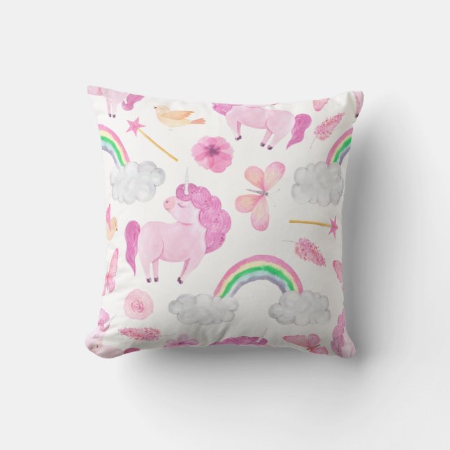 Rosa Unicorn Rainbows Girly Magic Butterflies Kudde (Framsida)