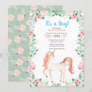 Rosa Unicorn Ro Blommigt Greenery Boy Shower Inbjudningar