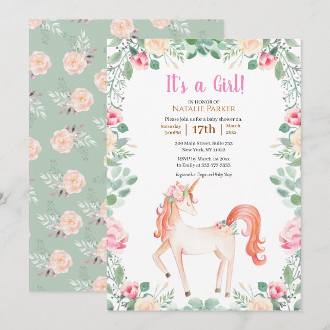 Rosa Unicorn Ro Blommigt Greenery Girl Baby Shower Inbjudningar (Fram/baksida)