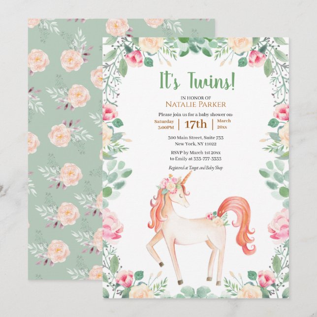 Rosa Unicorn Ro Blommigt Greenery Twin Baby Shower Inbjudningar (Fram/baksida)