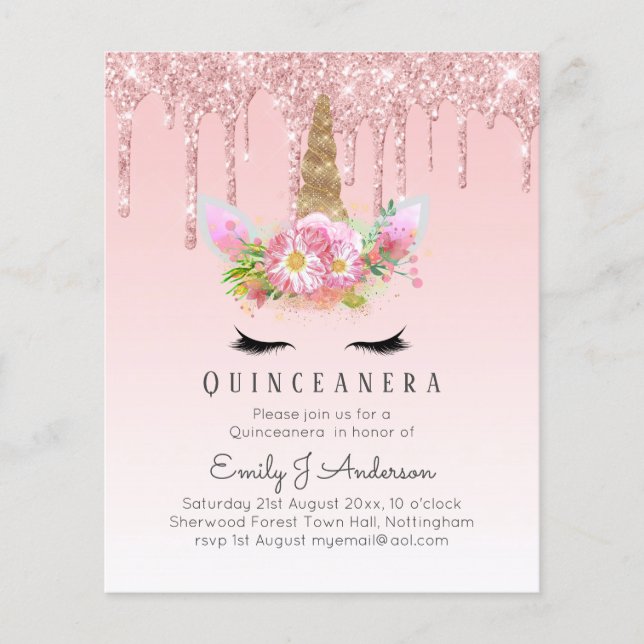 Rosa Unicorn Ro Guld Drip Glitter QUINCEANERA (Framsida)