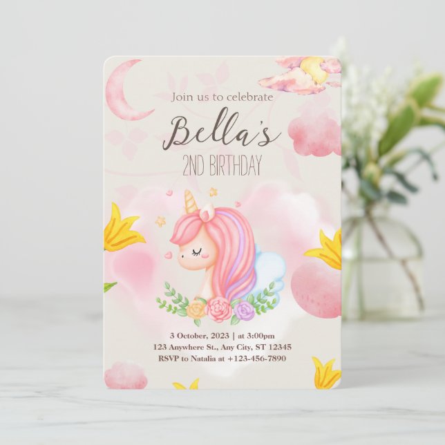 Rosa Unicorn:s andra födelsedagsinbjudan Inbjudningar (Stående Fram)