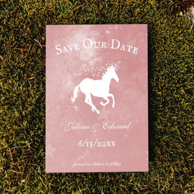 Rosa Unicorn-spara datum Meddelande (Pink Unicorn Save the Date Wedding Announcement)