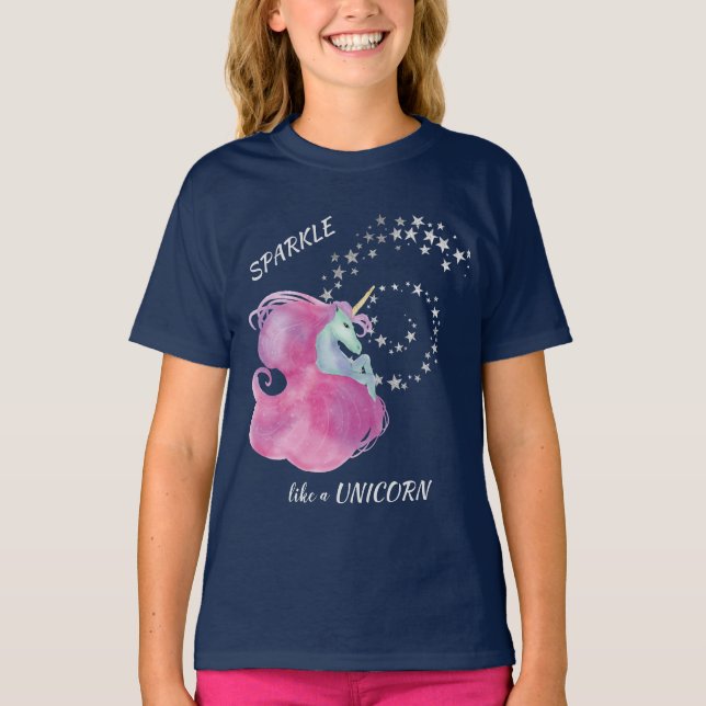 Rosa Unicorn Star Gnistra T Shirt (Framsida)