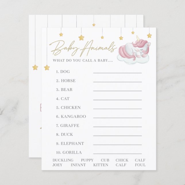 Rosa Unicorn Stars Baby Shower Animals Game (Fram/baksida)
