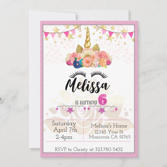 Rosa Unicorn-svarvning 6 Födelsedagsfest inbjudan (Framsida)