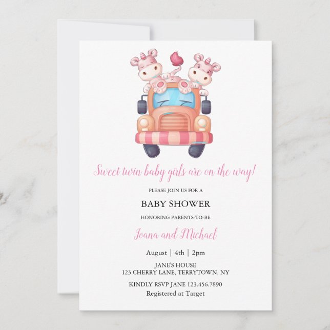 Rosa Unicorn Twin Girls Baby Shower Inbjudningar (Framsida)
