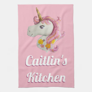 Rosa Unicornballong för personlig flickaktigt Kökshandduk