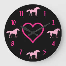 Rosa Unicorns med Shock rosa Heart på Black Stor Klocka