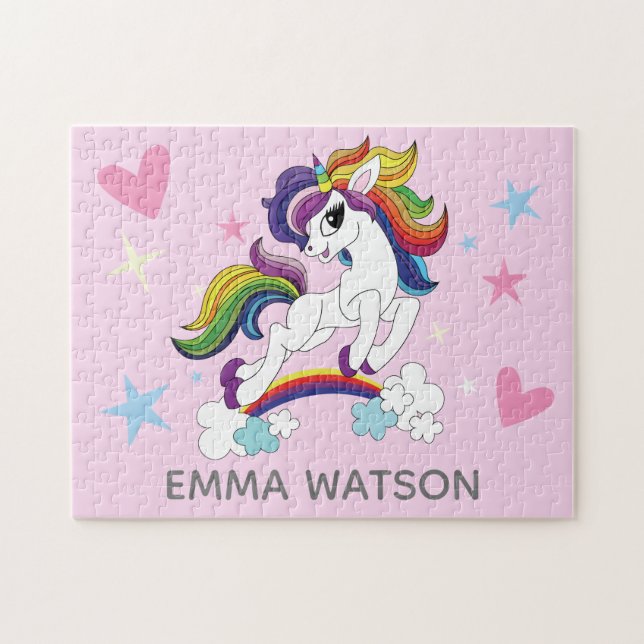 Rosa Unicorns Rainbow and Stars Pussel (Horisontell)