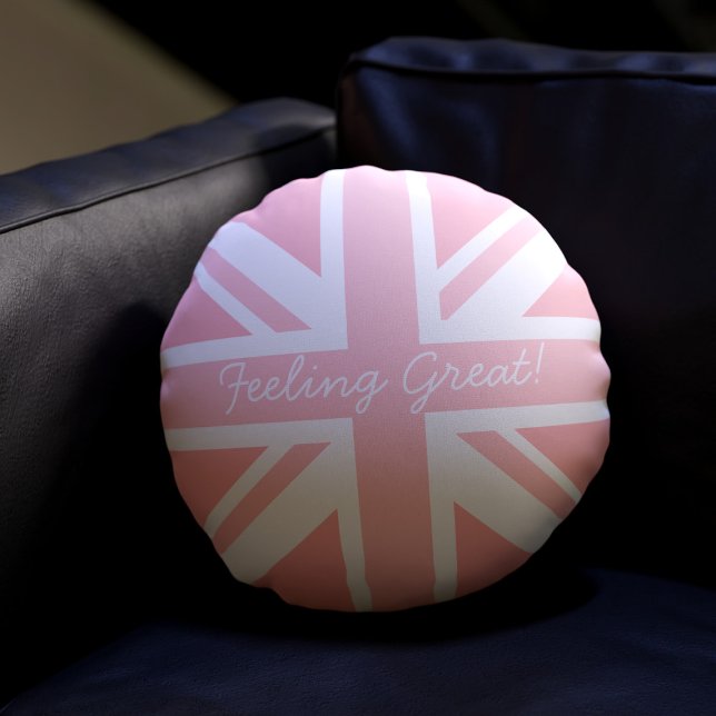 Rosa Union Jack Flagga Underbar Britain Round Pill Rund Kudde (Long live your comfy sofa! Just add your text)