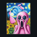 Rosa utomjordiskt solrosfält som regnar sockervadd vykort<br><div class="desc">AI-genererad sci-fi-fantasiart av en rosa utomjording i ett solrosfält som chockas över att det har börjat regna sockervadd</div>