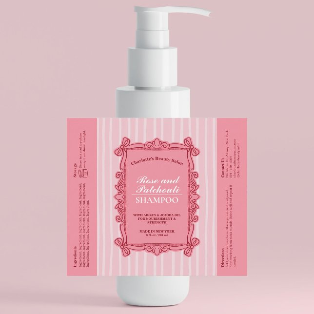 Rosa utsmyckad båge ram schampoflaska etikett (Pink Ornate Bow Frame Shampoo Bottle Label)