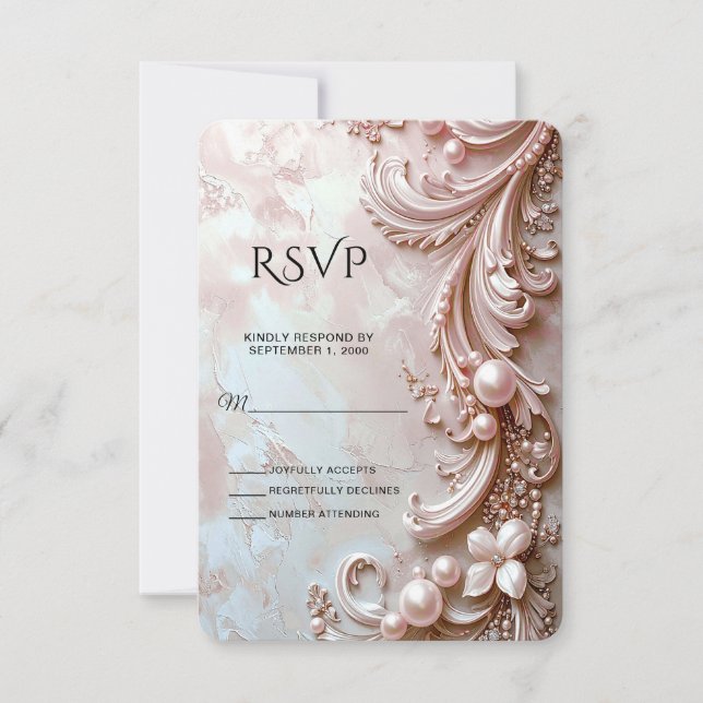 Rosa utsmyckad pärl- och blomster-RSVP-kort OSA Kort (Framsida)