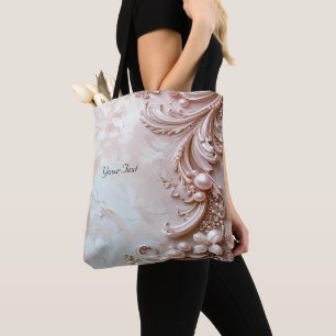 Rosa utsmyckad pärl- och blomstertotebag tygkasse